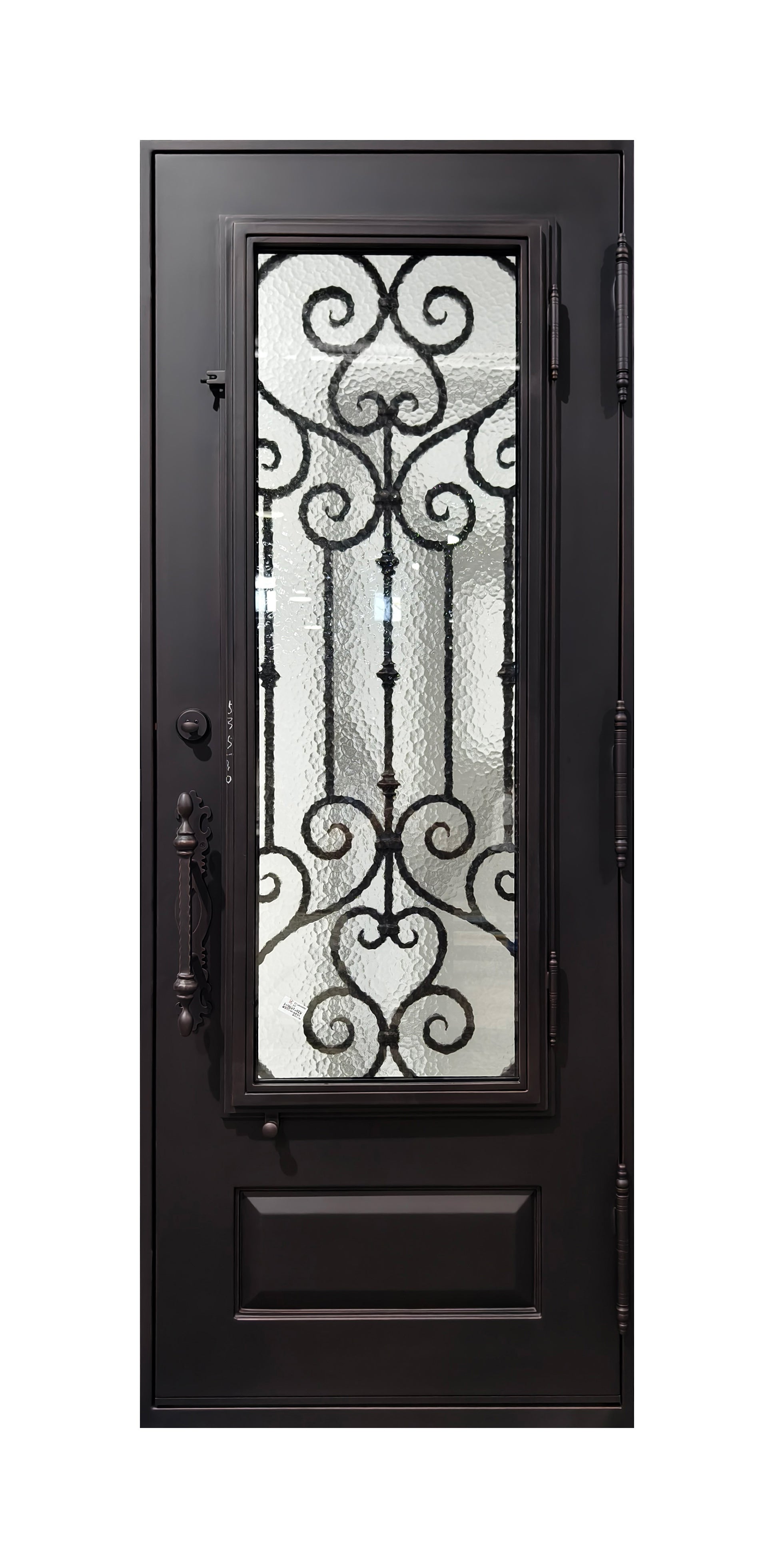 Hand-Forged Scrollwork Wrought Iron Single Entry Door with Kick Panel