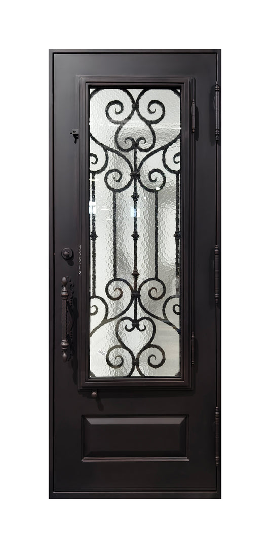 Hand-Forged Scrollwork Wrought Iron Single Entry Door with Kick Panel