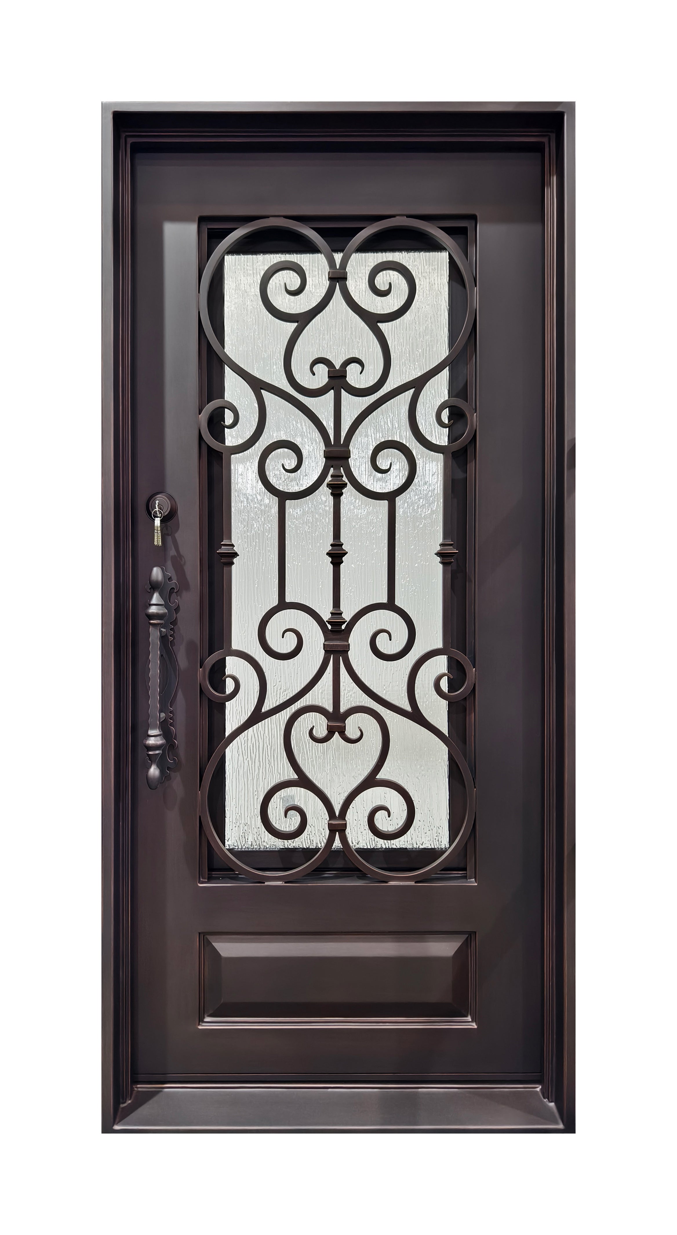 Hand-Forged Scrollwork Wrought Iron Single Entry Door with Kick Panel