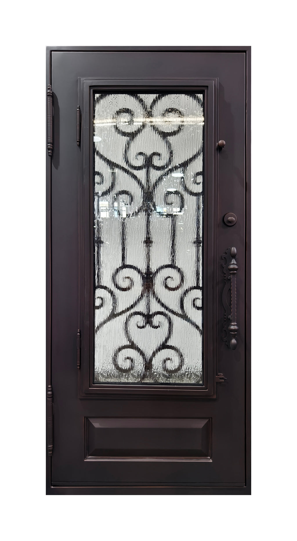 Hand-Forged Scrollwork Wrought Iron Single Entry Door with Kick Panel