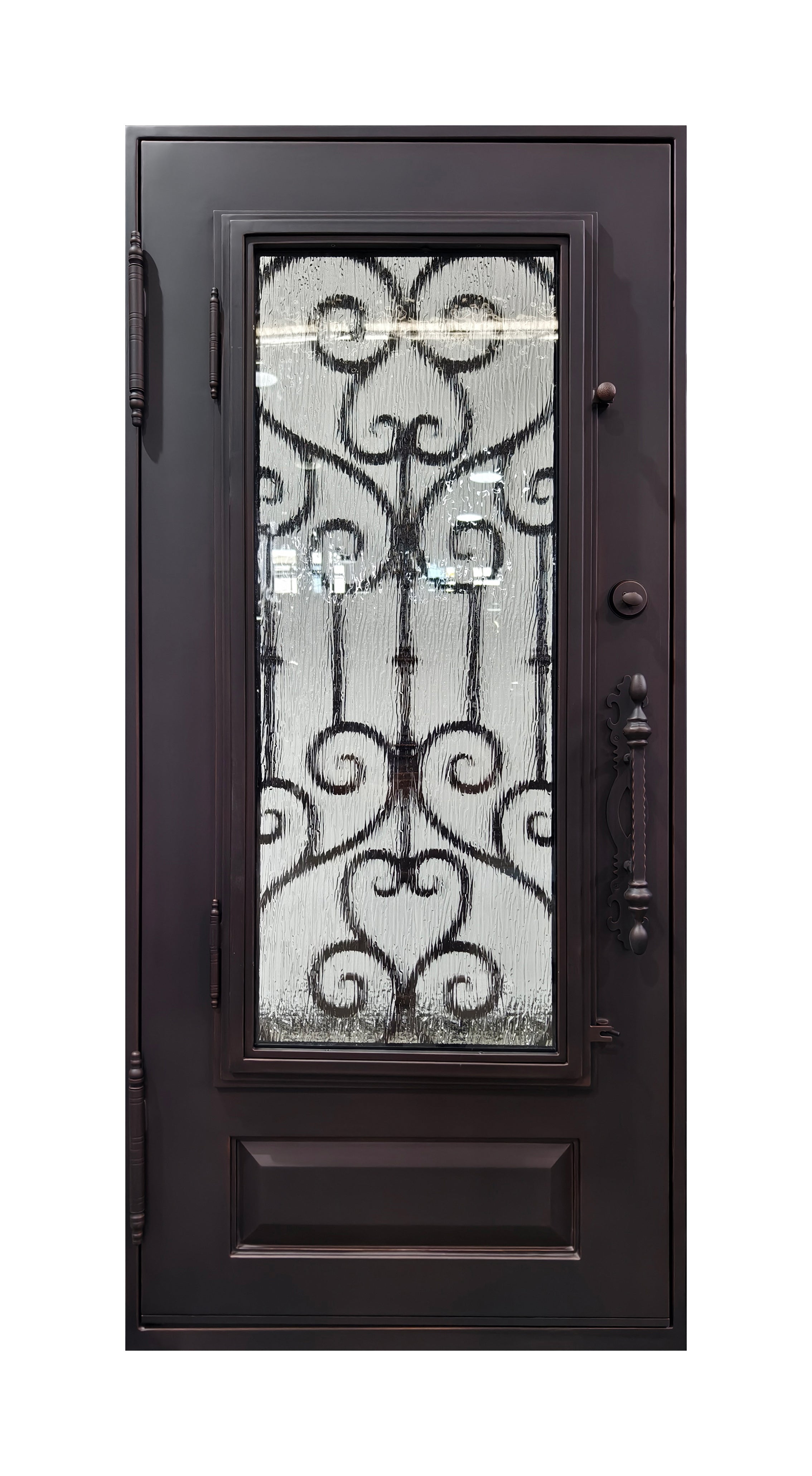 Hand-Forged Scrollwork Wrought Iron Single Entry Door with Kick Panel