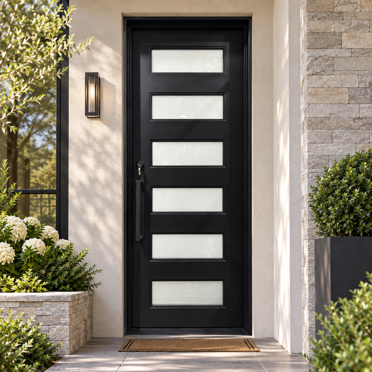 Modern Horizontal Slat Wrought Iron Single Entry Door